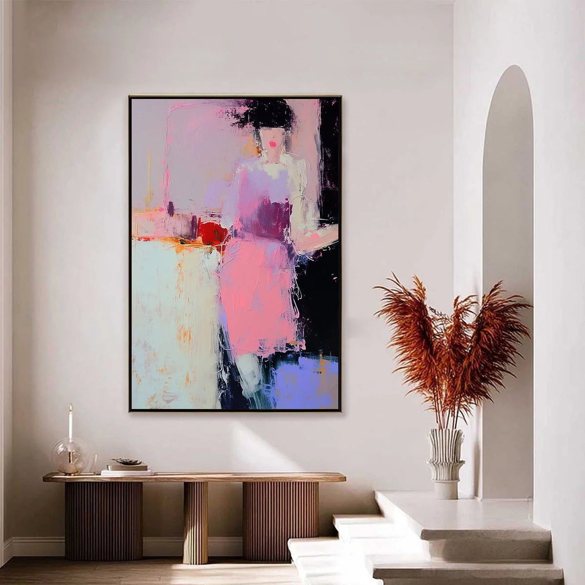 ENIGMA IN PINK: Textured Abstract Portrait Painting of a Woman | gold frame stretched on neutral wall