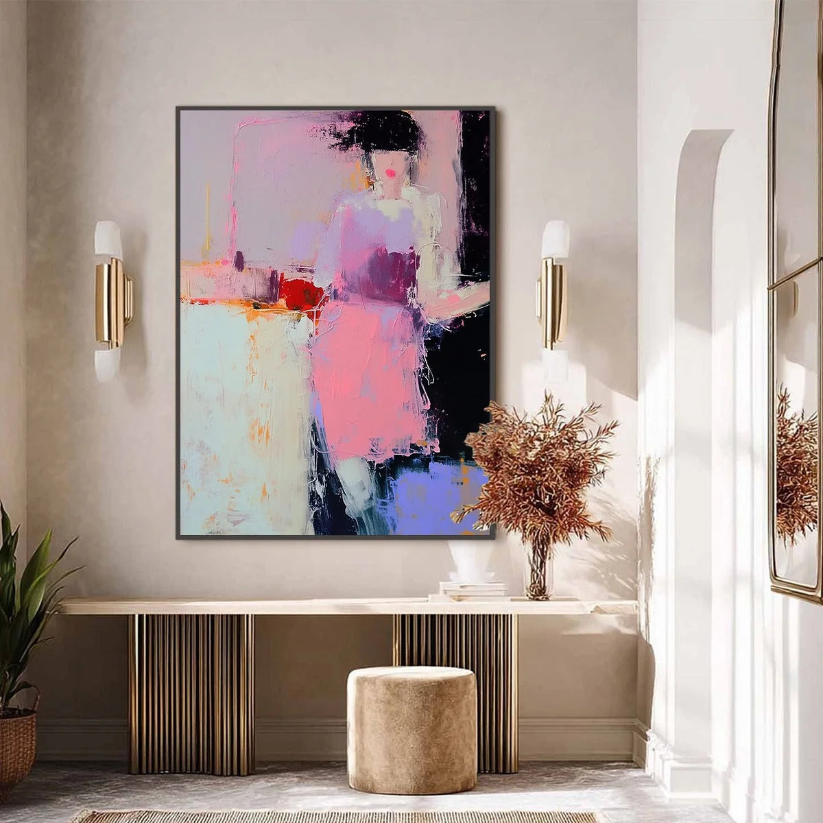 ENIGMA IN PINK: Textured Abstract Portrait Painting of a Woman | black frame version on white wall