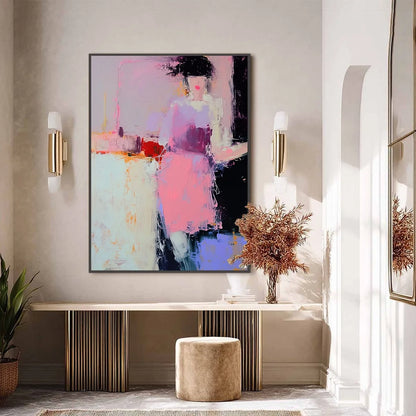 ENIGMA IN PINK: Textured Abstract Portrait Painting of a Woman | black frame version on white wall