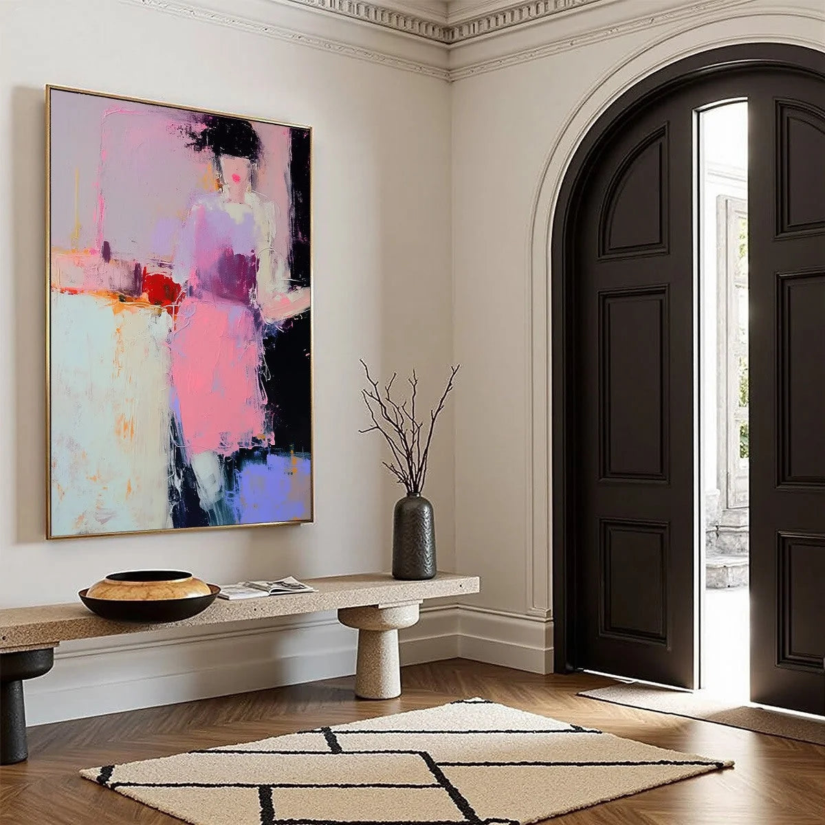 ENIGMA IN PINK: Textured Abstract Portrait Painting of a Woman | beige palette, original Hand-painted on premium stretched canvas using artist-grade oils; rich layered surface combines smooth gradi...