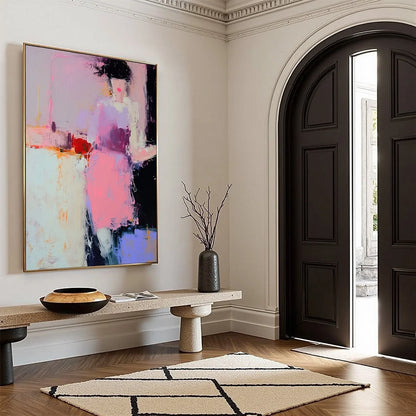 ENIGMA IN PINK: Textured Abstract Portrait Painting of a Woman | beige palette, original Hand-painted on premium stretched canvas using artist-grade oils; rich layered surface combines smooth gradi...