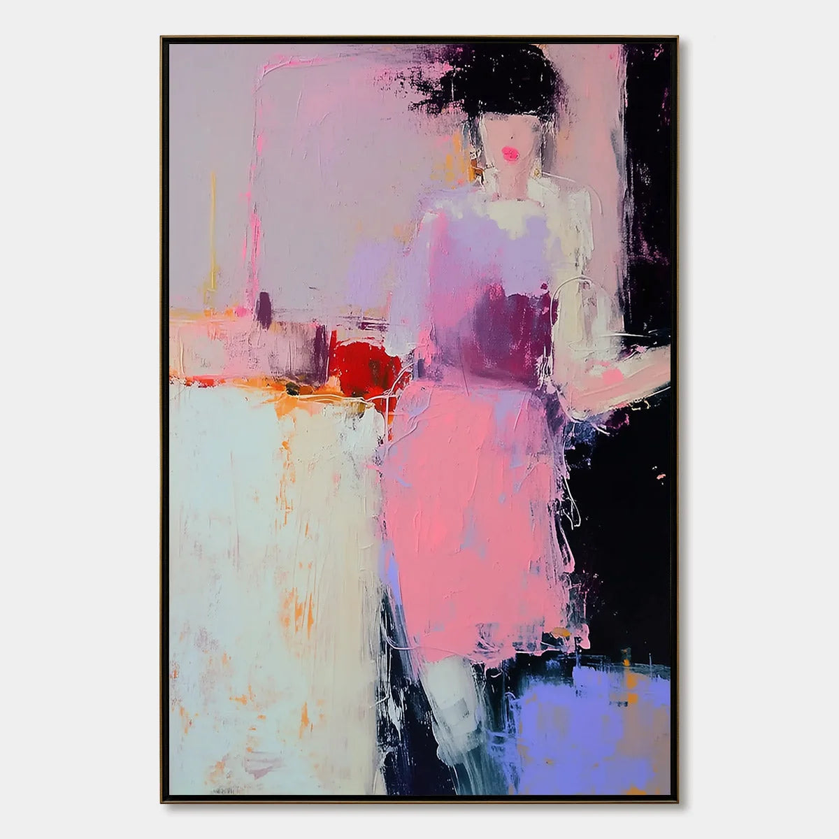 ENIGMA IN PINK: Textured Abstract Portrait Painting of a Woman | hanging in ENIGMA IN PINK: Textured Abstract Portrait Painting of a Woman featuring layered textured brushwork in refined tones; fig...