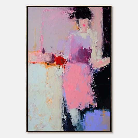 ENIGMA IN PINK: Textured Abstract Portrait Painting of a Woman | hanging in ENIGMA IN PINK: Textured Abstract Portrait Painting of a Woman featuring layered textured brushwork in refined tones; fig...
