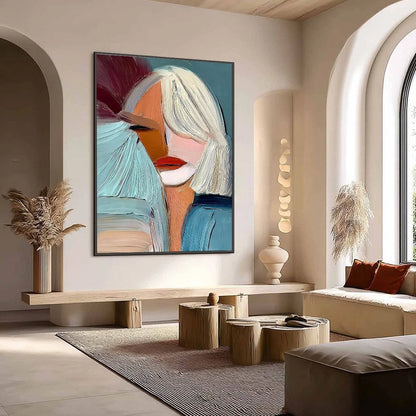 ENIGMA: Modern Abstract Portrait Painting of a Woman | gold frame stretched on neutral wall