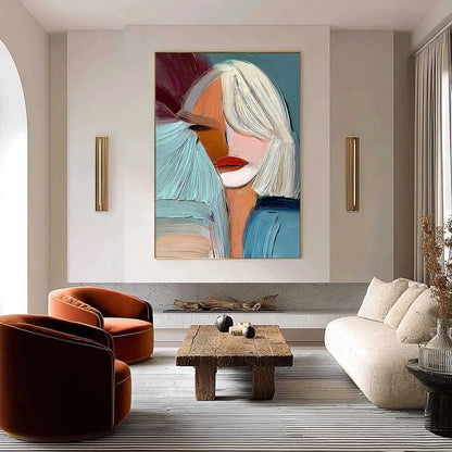 ENIGMA: Modern Abstract Portrait Painting of a Woman | black frame version on white wall