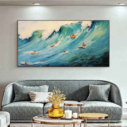 EPIC RIDE: Panoramic Ocean Painting of Surfers on a Majestic Wave | Abstract closeup, raised brushwork detail