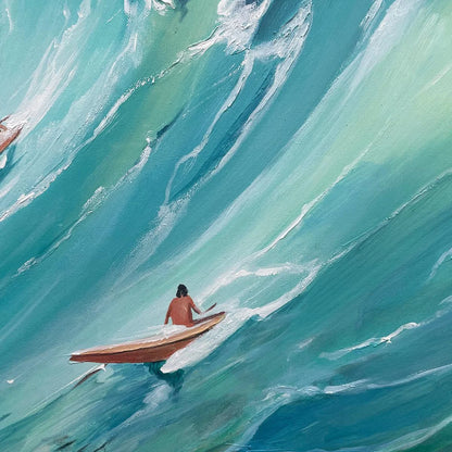 EPIC RIDE: Panoramic Ocean Painting of Surfers on a Majestic Wave | rectangular format, hand-painted canvas edge