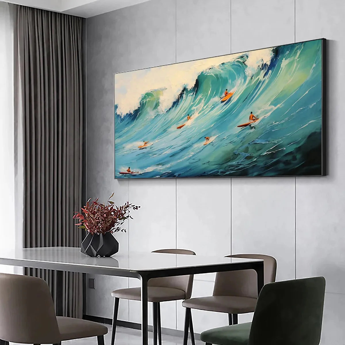 EPIC RIDE: Panoramic Ocean Painting of Surfers on a Majestic Wave | gold frame stretched on neutral wall