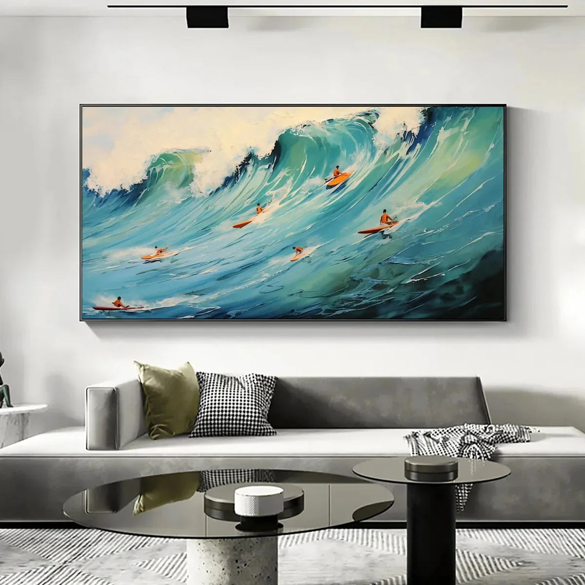 EPIC RIDE: Panoramic Ocean Painting of Surfers on a Majestic Wave | rolled canvas, ready for custom framing