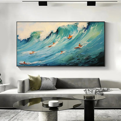 EPIC RIDE: Panoramic Ocean Painting of Surfers on a Majestic Wave | rolled canvas, ready for custom framing