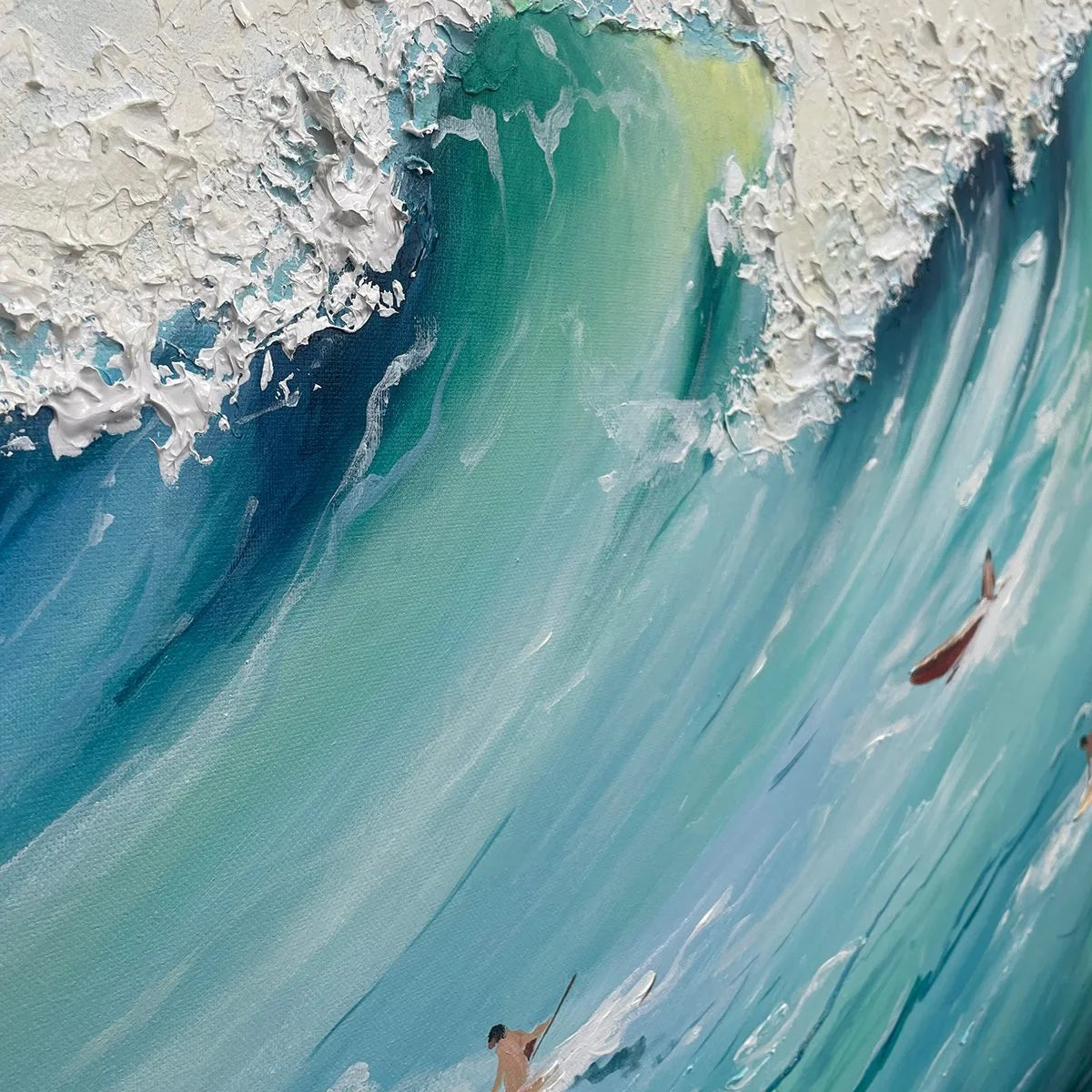 EPIC RIDE: Panoramic Ocean Painting of Surfers on a Majestic Wave | black frame version on white wall