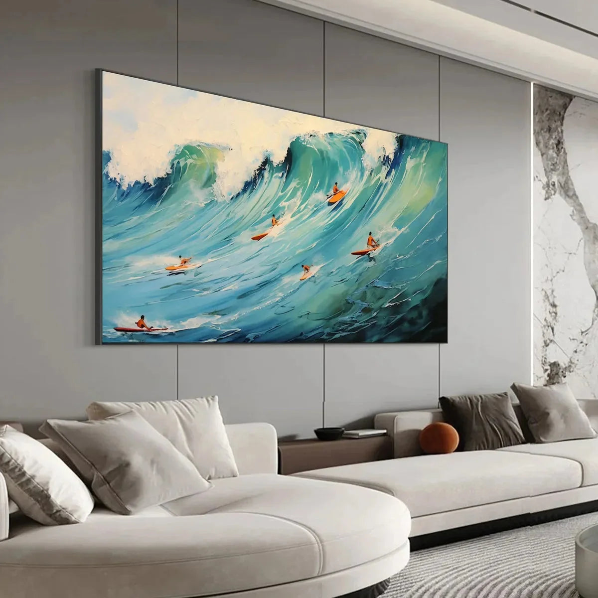 EPIC RIDE: Panoramic Ocean Painting of Surfers on a Majestic Wave | Abstract mood, soft natural light studio shot