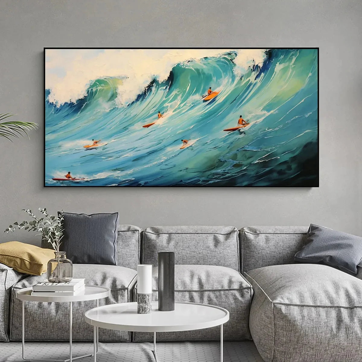 EPIC RIDE: Panoramic Ocean Painting of Surfers on a Majestic Wave | blue palette, original Hand-painted on premium stretched canvas using artist-grade oils; rich layered surface combines smooth gra...