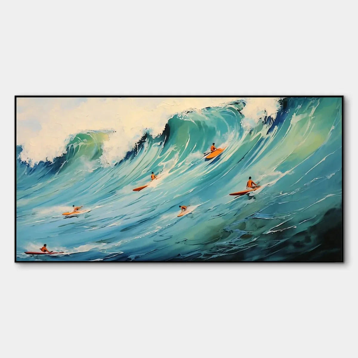 EPIC RIDE: Panoramic Ocean Painting of Surfers on a Majestic Wave | hanging in EPIC RIDE: Panoramic Ocean Painting of Surfers on a Majestic Wave featuring layered textured brushwork in refined tone...