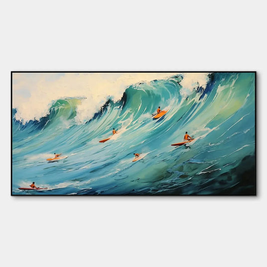 EPIC RIDE: Panoramic Ocean Painting of Surfers on a Majestic Wave | hanging in EPIC RIDE: Panoramic Ocean Painting of Surfers on a Majestic Wave featuring layered textured brushwork in refined tone...