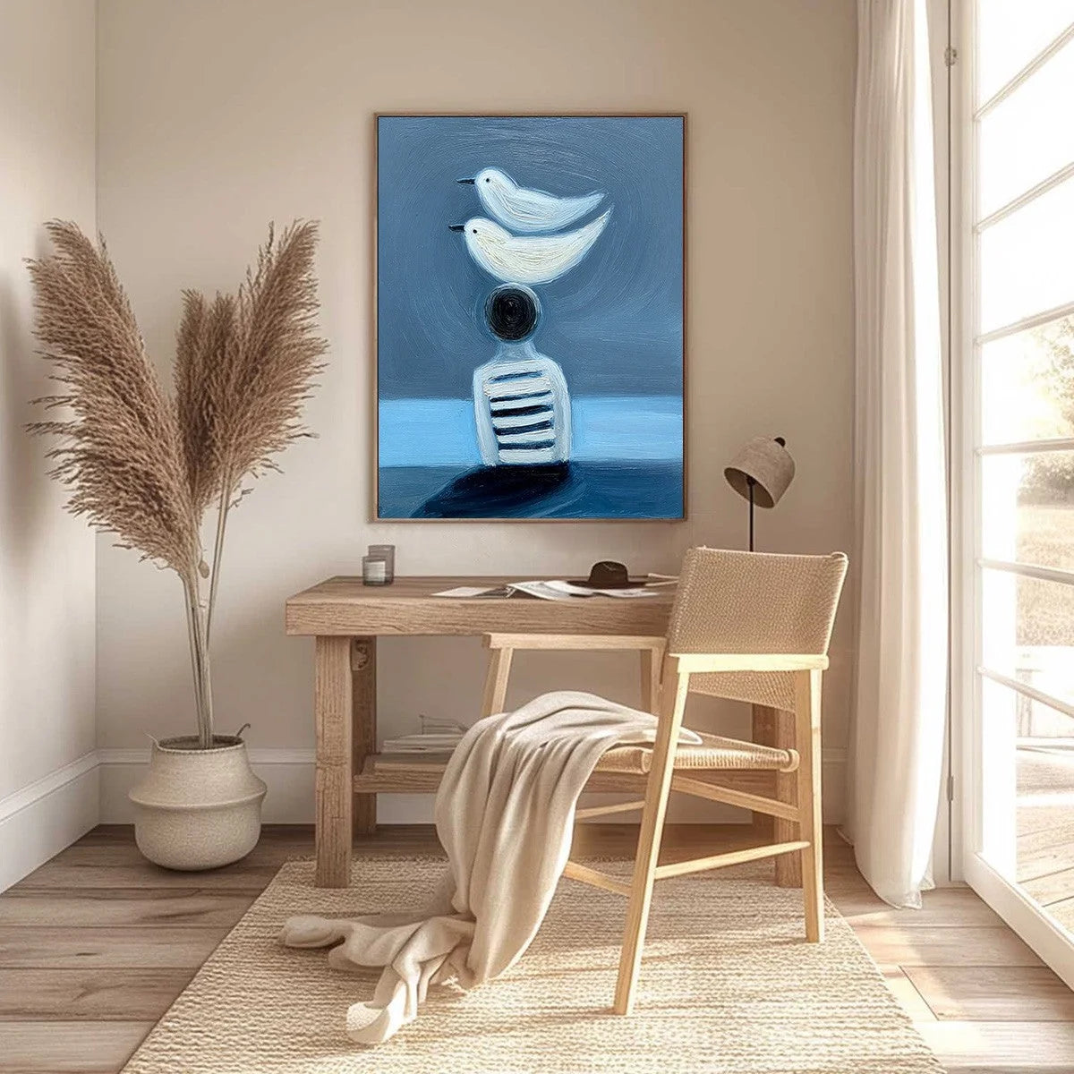 EQUILIBRIUM: Serene Blue Textured Figurative Oil Painting | gold frame stretched on neutral wall