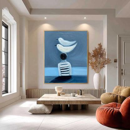 EQUILIBRIUM: Serene Blue Textured Figurative Oil Painting | black frame version on white wall