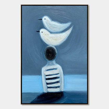 EQUILIBRIUM: Serene Blue Textured Figurative Oil Painting | hanging in EQUILIBRIUM: Serene Blue Textured Figurative Oil Painting featuring layered textured brushwork in refined tones; figurative co...