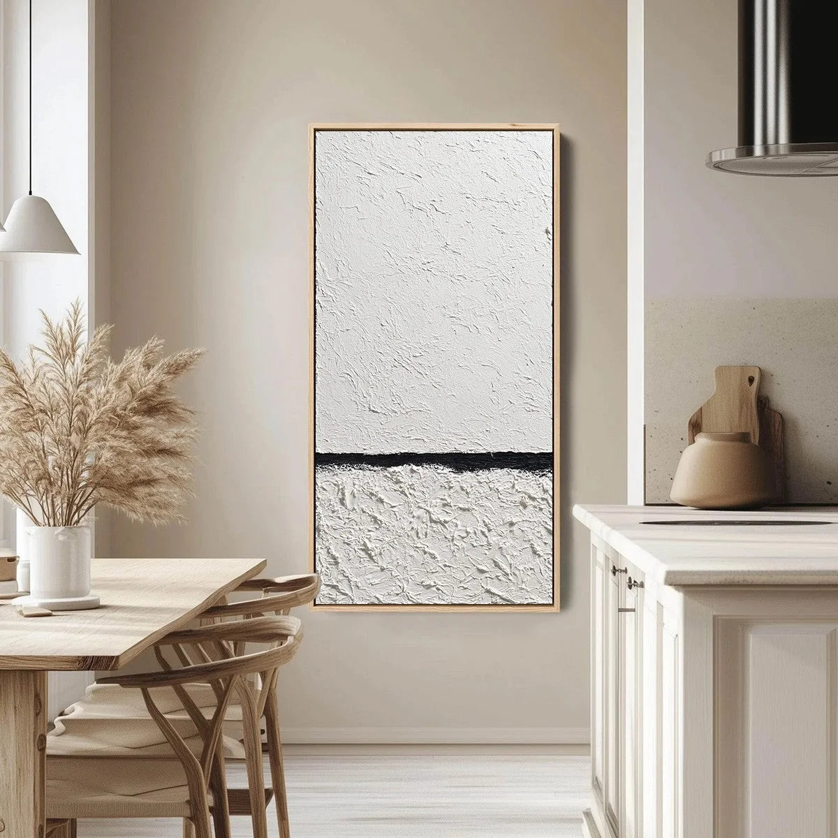 EQUILIBRIUM: Textured Black and White Minimalist Painting | gold frame stretched on neutral wall