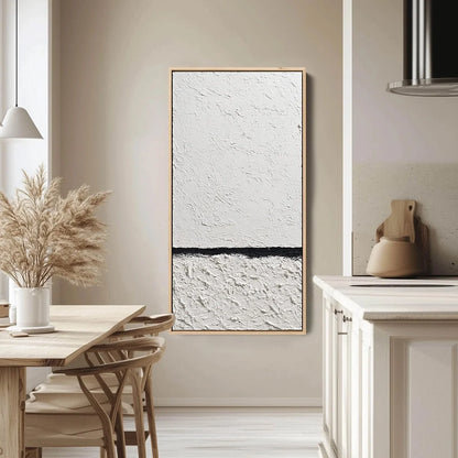 EQUILIBRIUM: Textured Black and White Minimalist Painting | gold frame stretched on neutral wall