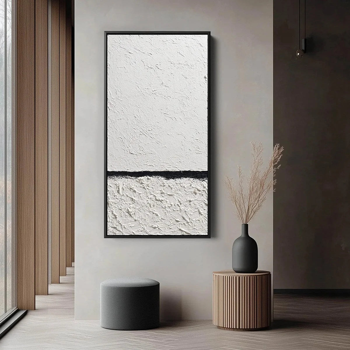 EQUILIBRIUM: Textured Black and White Minimalist Painting | black frame version on white wall