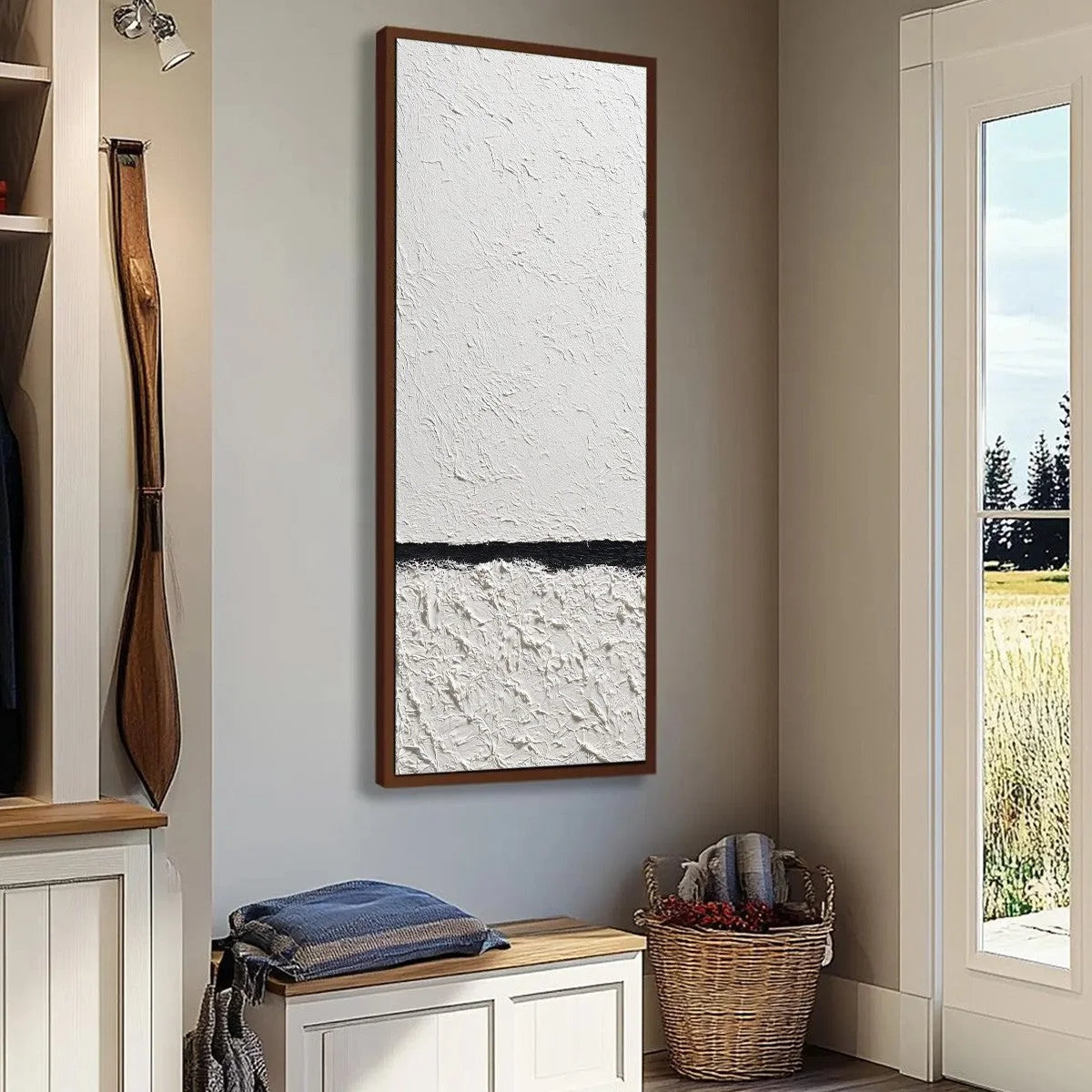 EQUILIBRIUM: Textured Black and White Minimalist Painting | beige palette, original Hand-painted on premium stretched canvas using artist-grade oils; rich layered surface combines smooth gradients ...