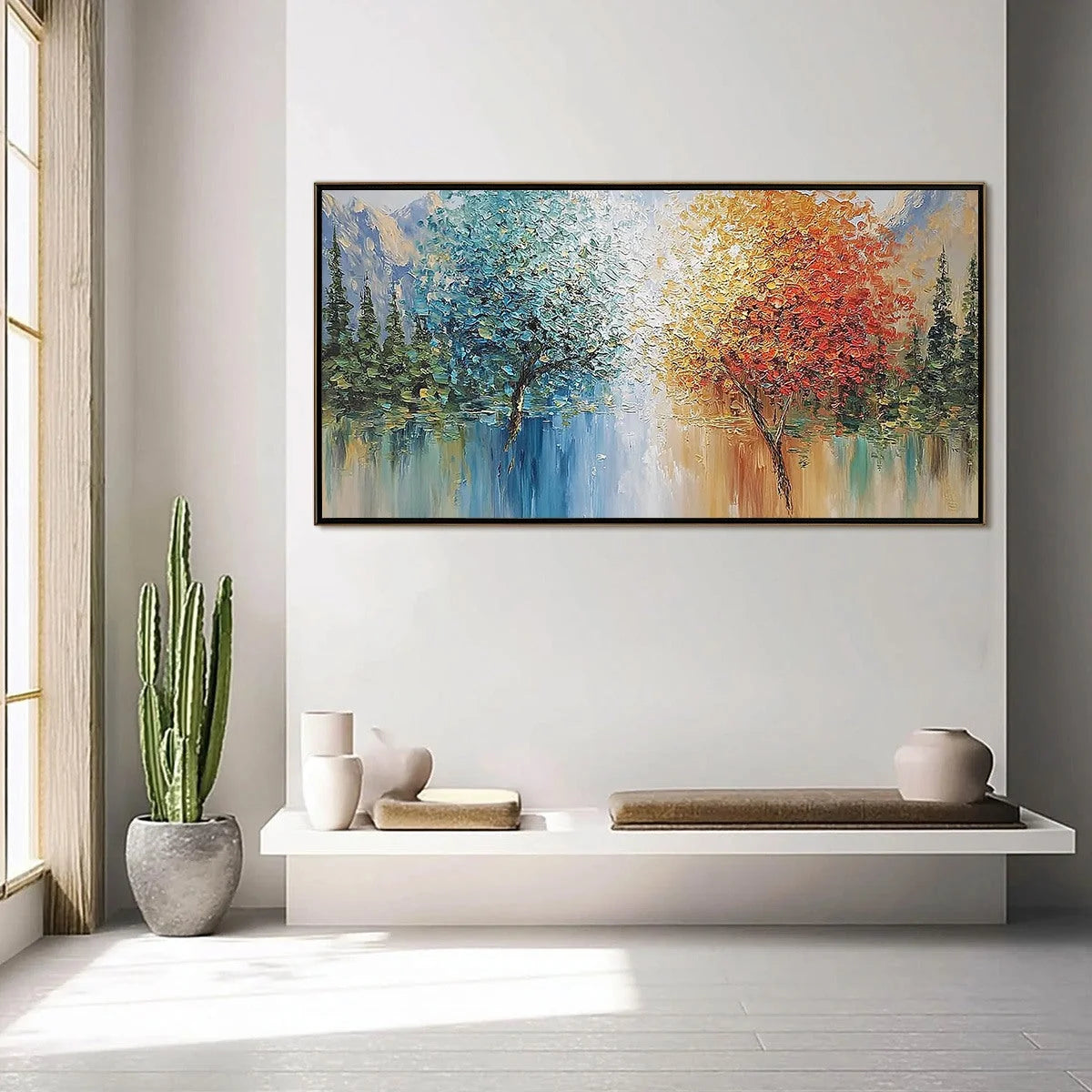 Equinox Textured Tree Landscape Oil Painting | Colorful Wall Art | gold frame stretched on neutral wall