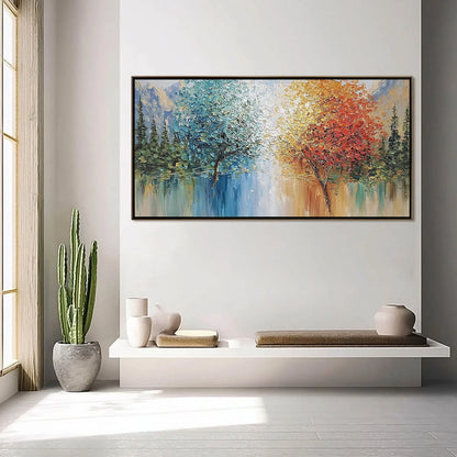 Equinox Textured Tree Landscape Oil Painting | Colorful Wall Art | gold frame stretched on neutral wall