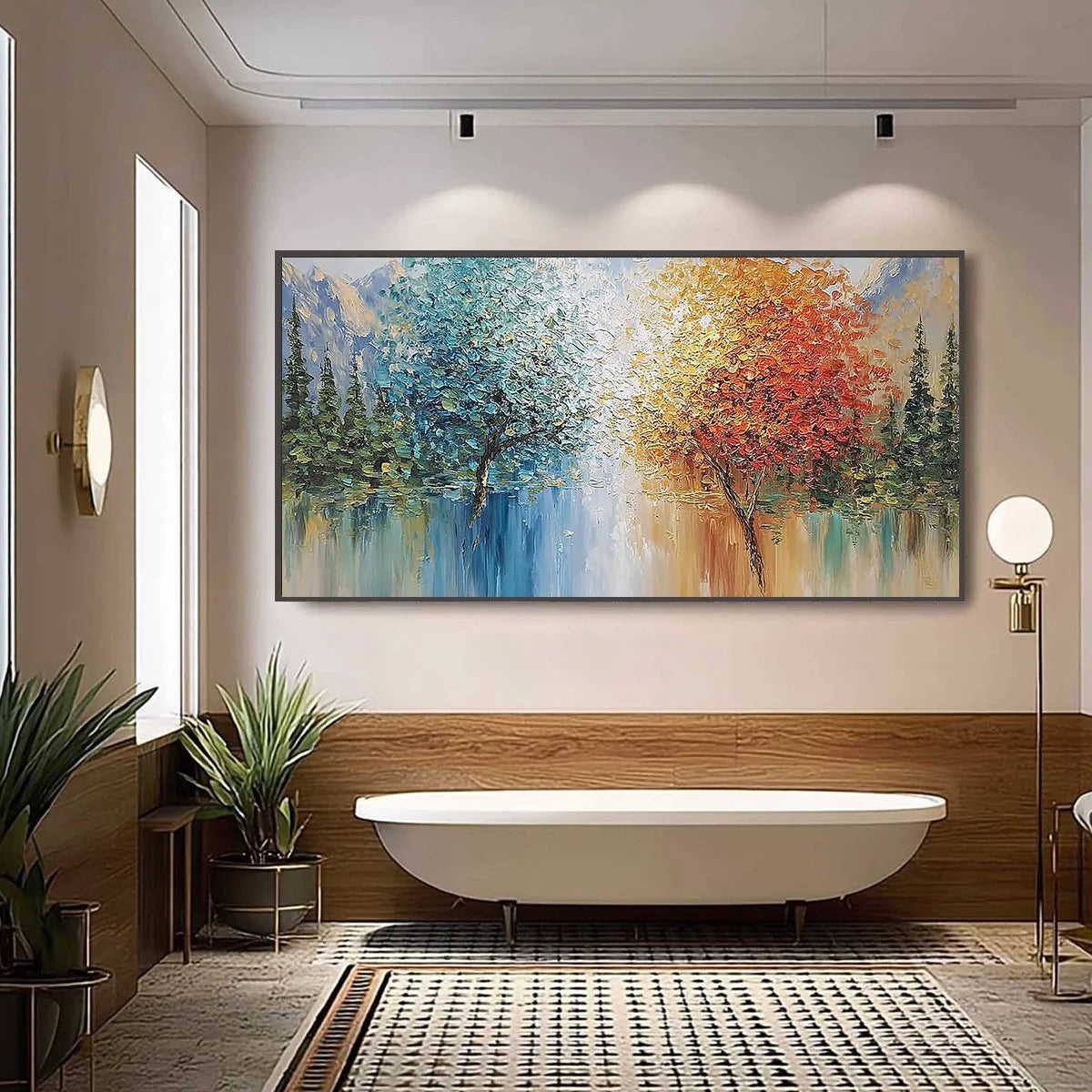 Equinox Textured Tree Landscape Oil Painting | Colorful Wall Art | black frame version on white wall
