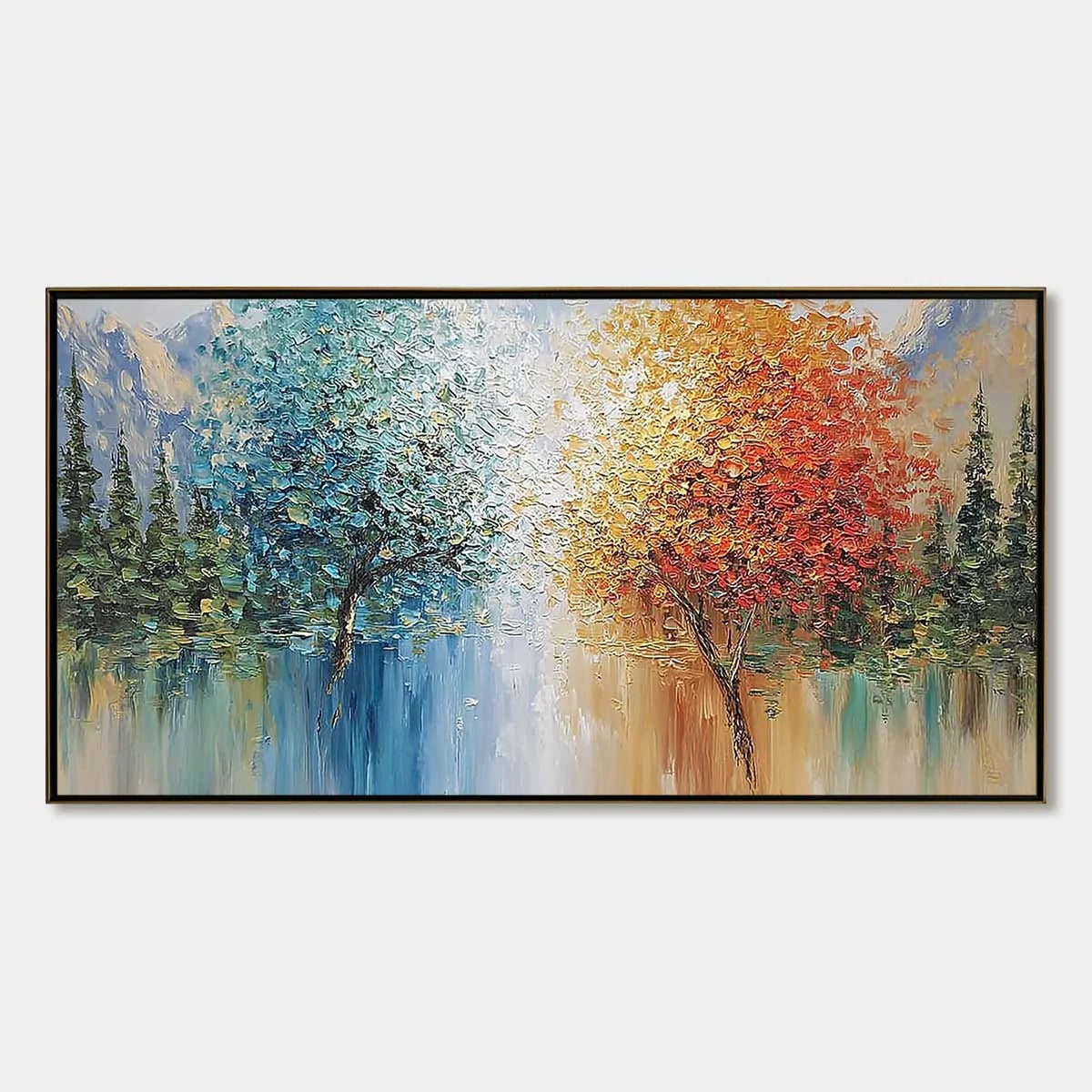 Equinox Textured Tree Landscape Oil Painting | Colorful Wall Art | hanging in Equinox Textured Tree Landscape Oil Painting | Colorful Wall Art featuring layered textured brushwork in refined tones;...