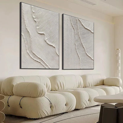 ETCHED IN STONE: Textured Minimalist Abstract Diptych | gold frame stretched on neutral wall