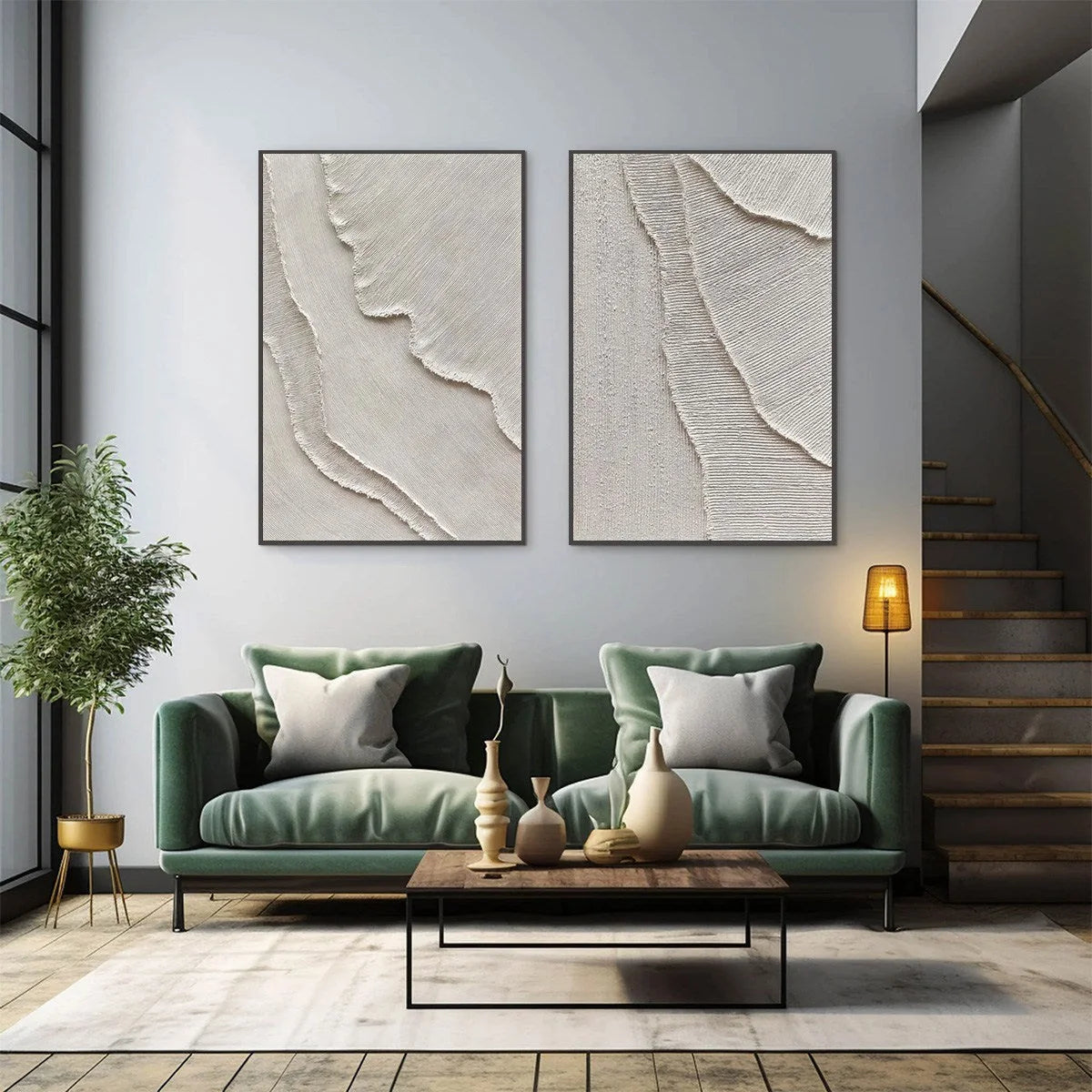 ETCHED IN STONE: Textured Minimalist Abstract Diptych | beige palette, original Hand-painted on premium stretched canvas using artist-grade oils; rich layered surface combines smooth gradients with...