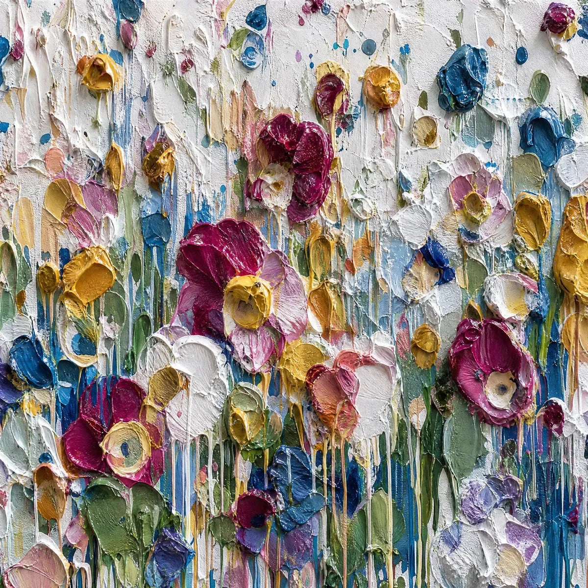 ETERNAL BLOOM: Colorful Textured Impasto Flower Field Painting | rectangular format, hand-painted canvas edge
