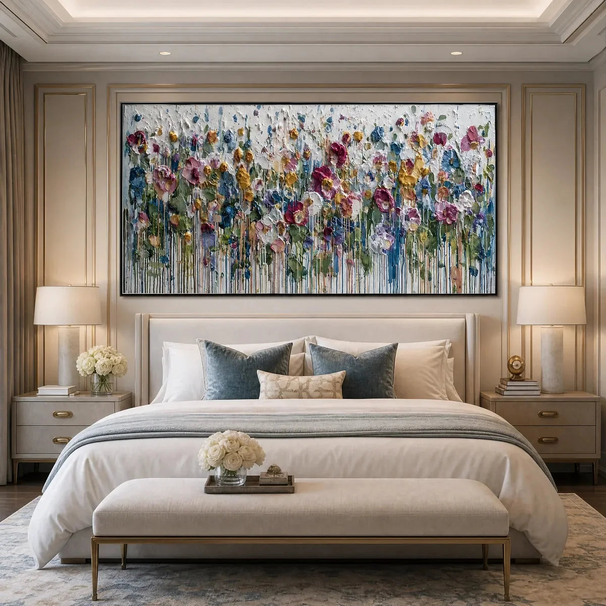 ETERNAL BLOOM: Colorful Textured Impasto Flower Field Painting | gold frame stretched on neutral wall