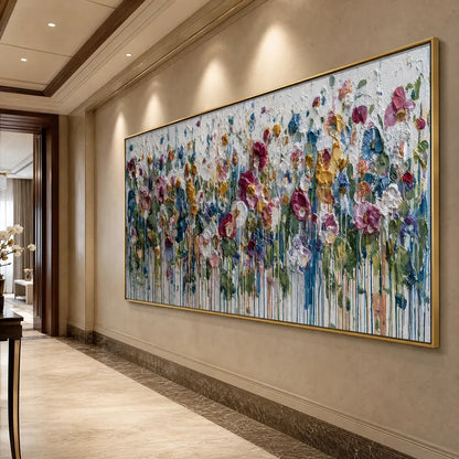 ETERNAL BLOOM: Colorful Textured Impasto Flower Field Painting | rolled canvas, ready for custom framing