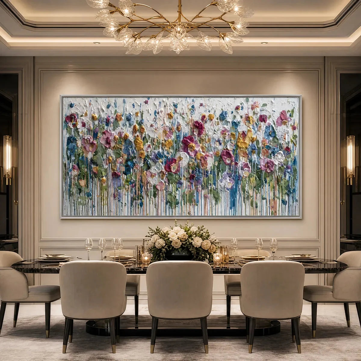 ETERNAL BLOOM: Colorful Textured Impasto Flower Field Painting | black frame version on white wall