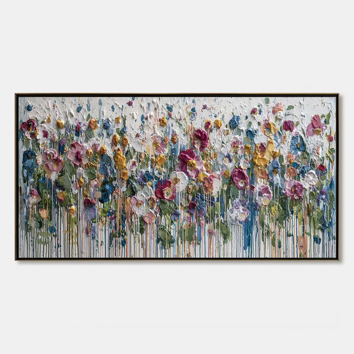 ETERNAL BLOOM: Colorful Textured Impasto Flower Field Painting | hanging in ETERNAL BLOOM: Colorful Textured Impasto Flower Field Painting featuring layered textured brushwork in refined tones; abs...