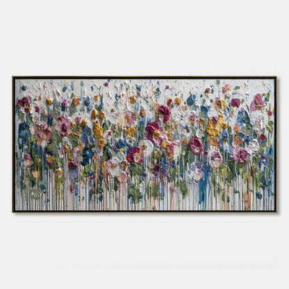 ETERNAL BLOOM: Colorful Textured Impasto Flower Field Painting | hanging in ETERNAL BLOOM: Colorful Textured Impasto Flower Field Painting featuring layered textured brushwork in refined tones; abs...