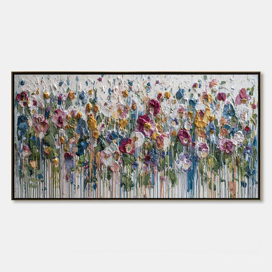 ETERNAL BLOOM: Colorful Textured Impasto Flower Field Painting | hanging in ETERNAL BLOOM: Colorful Textured Impasto Flower Field Painting featuring layered textured brushwork in refined tones; abs...
