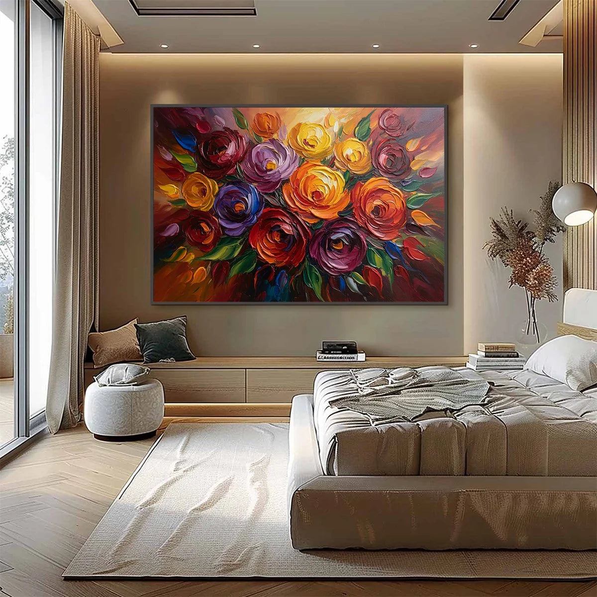 ETERNAL BLOOM: Colorful Textured Impasto Floral Oil Painting | gold frame stretched on neutral wall