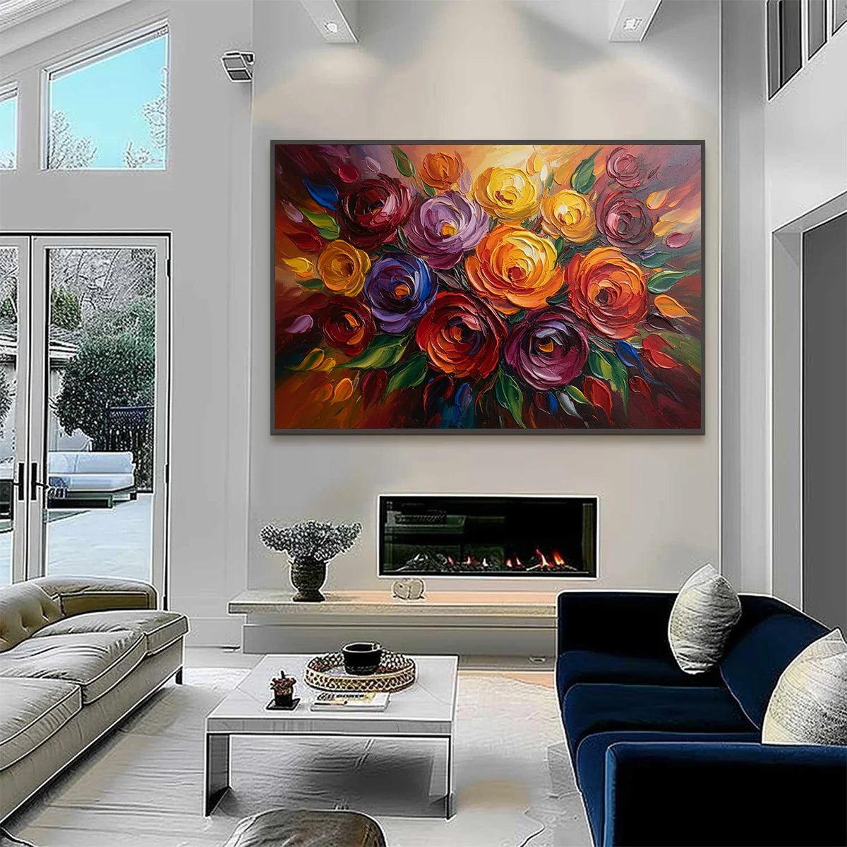 ETERNAL BLOOM: Colorful Textured Impasto Floral Oil Painting | black frame version on white wall