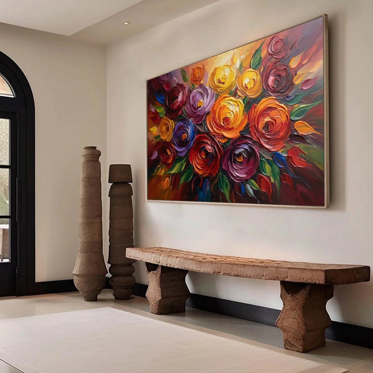 ETERNAL BLOOM: Colorful Textured Impasto Floral Oil Painting | beige palette, original Hand-painted on premium stretched canvas using artist-grade oils; rich layered surface combines smooth gradien...