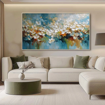 ETERNAL BLOOM: Textured Abstract White Floral Impasto Painting | gold frame stretched on neutral wall
