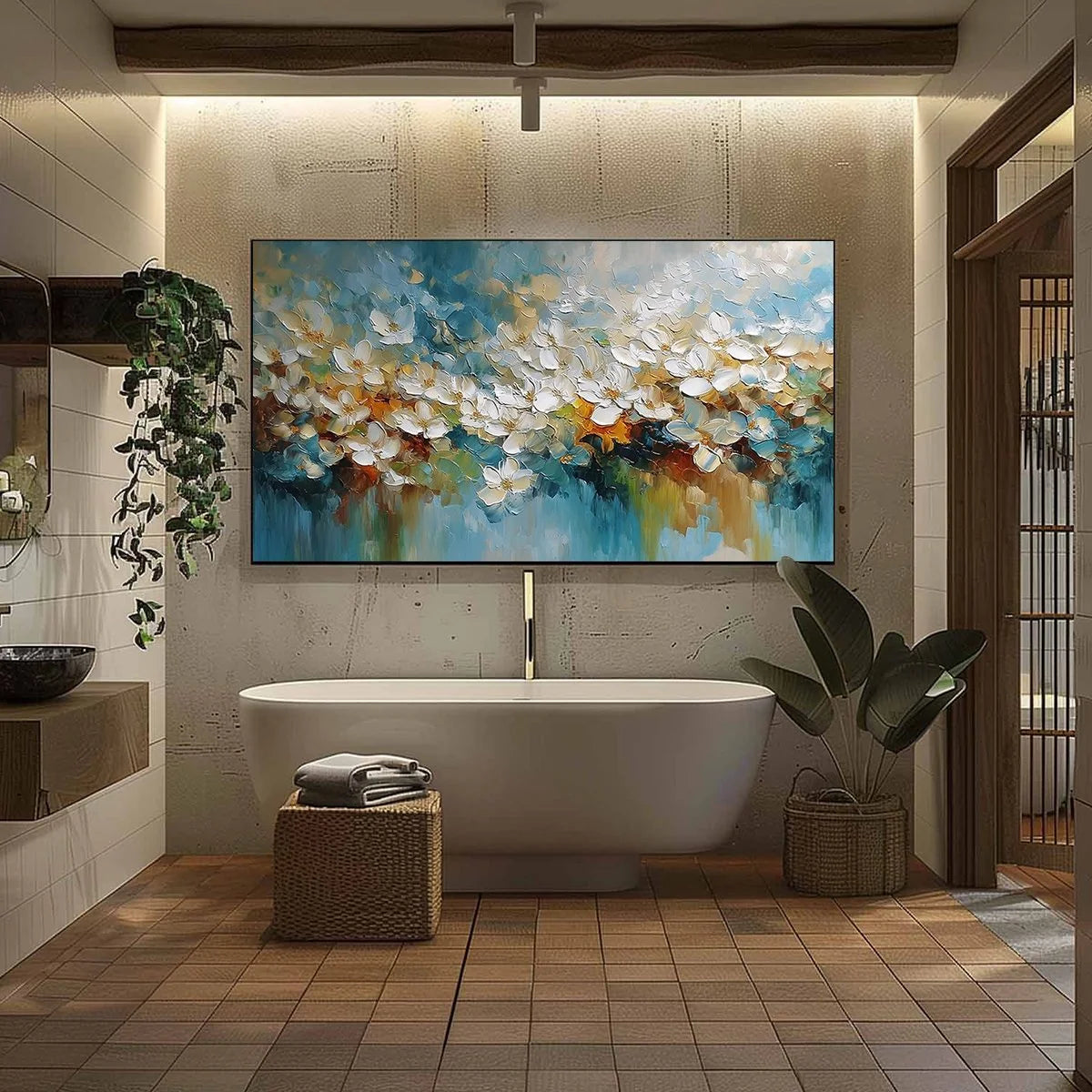 ETERNAL BLOOM: Textured Abstract White Floral Impasto Painting | black frame version on white wall
