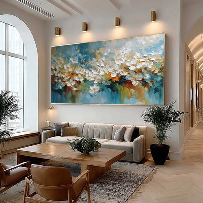 ETERNAL BLOOM: Textured Abstract White Floral Impasto Painting | Abstract mood, soft natural light studio shot