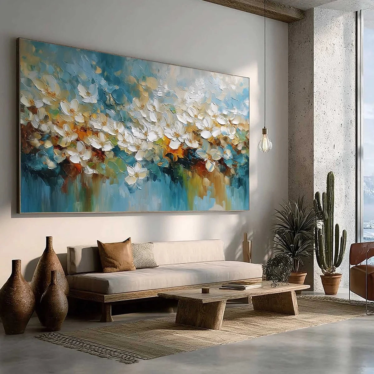 ETERNAL BLOOM: Textured Abstract White Floral Impasto Painting | beige palette, original Hand-painted on premium stretched canvas using artist-grade oils; rich layered surface combines smooth gradi...