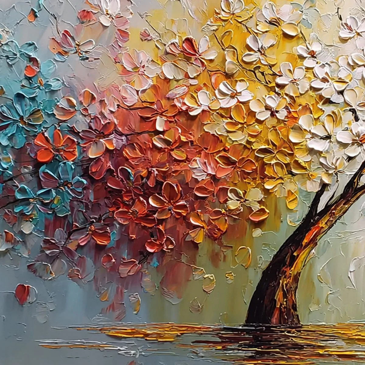 ETERNAL BLOSSOM: Colorful Textured Palette Knife Tree of Life Painting | rectangular format, hand-painted canvas edge
