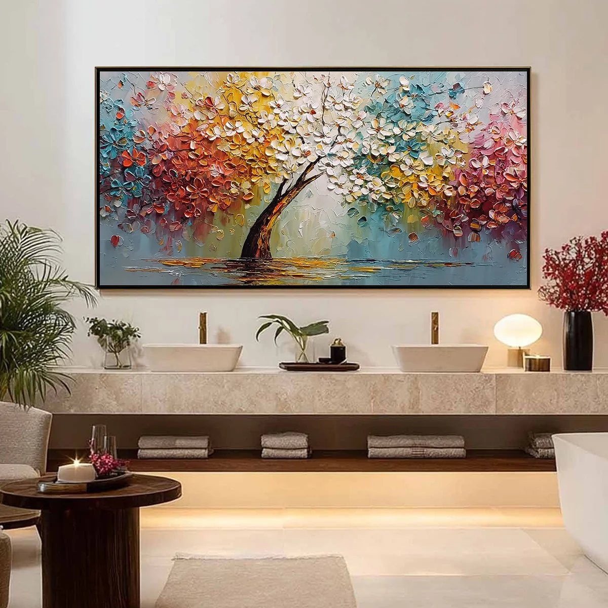 ETERNAL BLOSSOM: Colorful Textured Palette Knife Tree of Life Painting | gold frame stretched on neutral wall