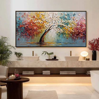 ETERNAL BLOSSOM: Colorful Textured Palette Knife Tree of Life Painting | gold frame stretched on neutral wall