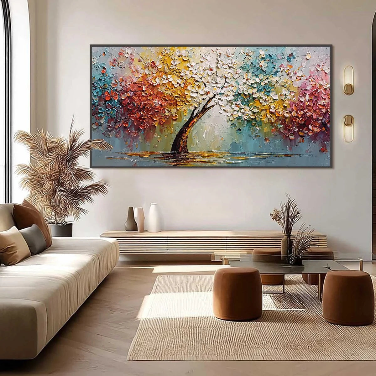 ETERNAL BLOSSOM: Colorful Textured Palette Knife Tree of Life Painting | black frame version on white wall